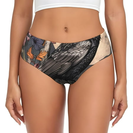 Naloa Moonlit Crow Blossoms Womens No Show Cotton Underwear Mid-High Waisted Soft Ladies Panties Strech Breathable Briefs -X-Large