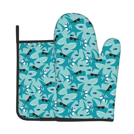 

Zeuib Shark Wearing Sunglasses Print Oven Mitt & Pot Holder Set 2-Pack Kitchen Gloves and Hot Pads for Cooking BBQ Grilling Baking