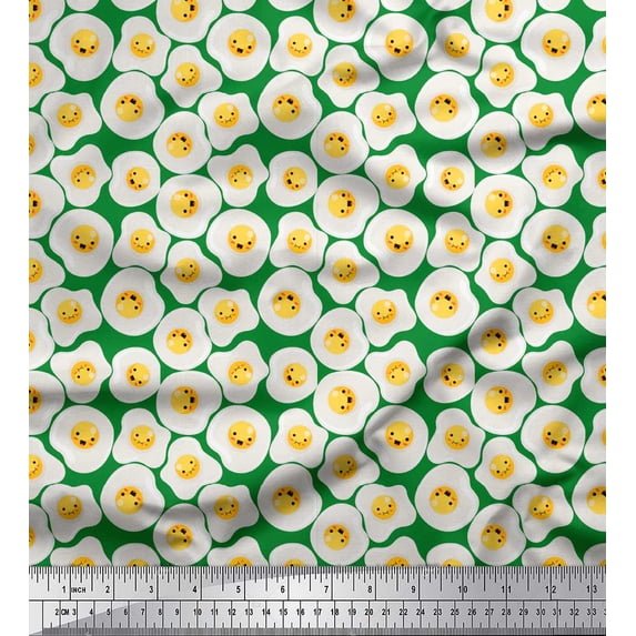Soimoi Green Japan Crepe Satin Fabric Omelette Food Print Fabric by Yard 42 Inch Wide