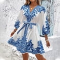 thumbnail image 5 of WTOBBY Women's Fashion Floral Print V-Neck 3/4 Sleeve Tie Waist Dress, Casual Midi Dress with Flattering Silhouette for Day to Night Transition,Blue XL, 5 of 6