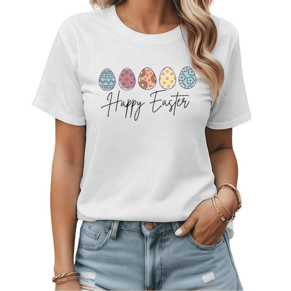 Easter Day Happy Easter Colorful Eggs Graphic Tees Womans T shirt Shirts Black White S-5XL Tops