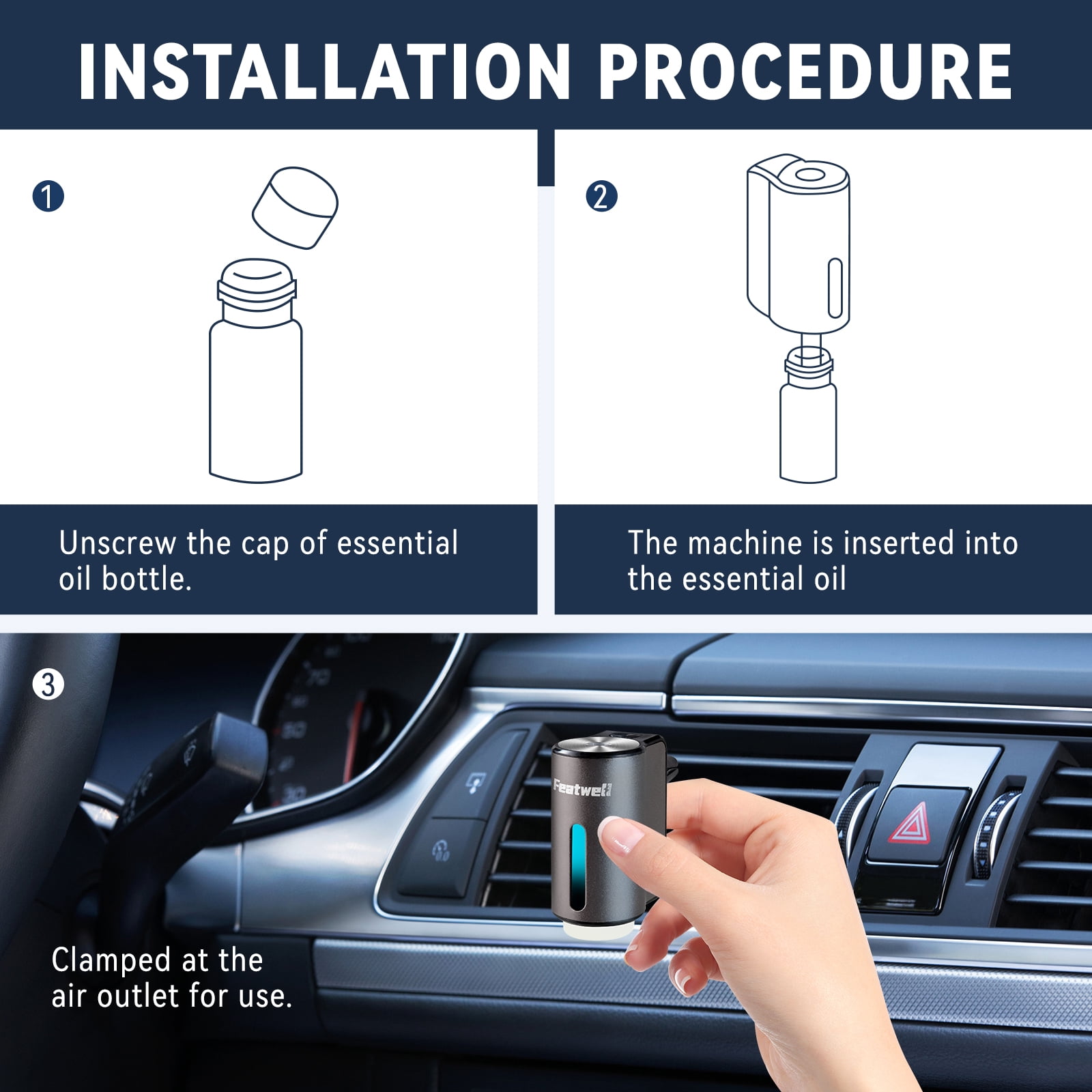 Featwell Smart Car Air Fresheners - 6*10ML Natural French Perfume Lasts 45 Days, Portable Waterless Car Diffuser Air Freshener Car Aromatherapy Diffuser, Adjust Concentration Scent