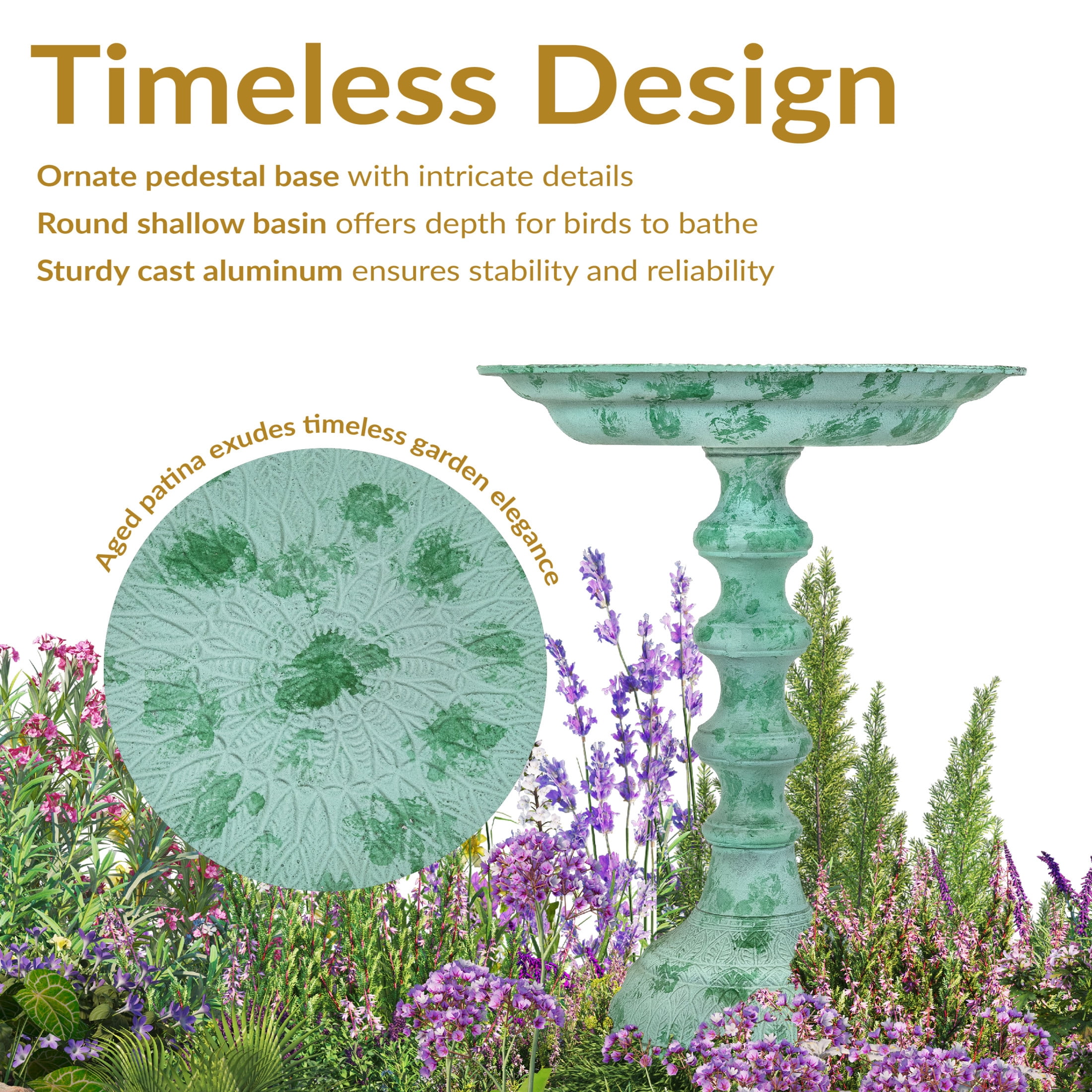 Sunnydaze Backyard Beauty Freestanding Cast Aluminum Outdoor Bird Bath, Green Patina