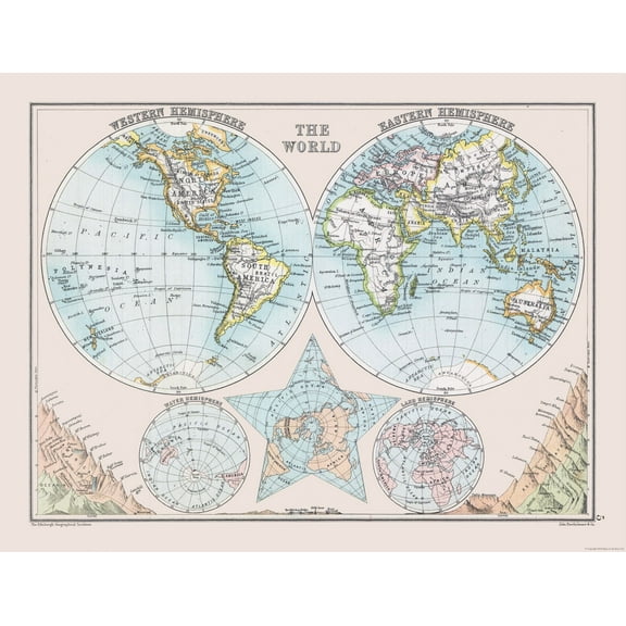 Historic Map - Eastern Western Hemispheheres - Bartholomew 1892 - Vintage Wall Art