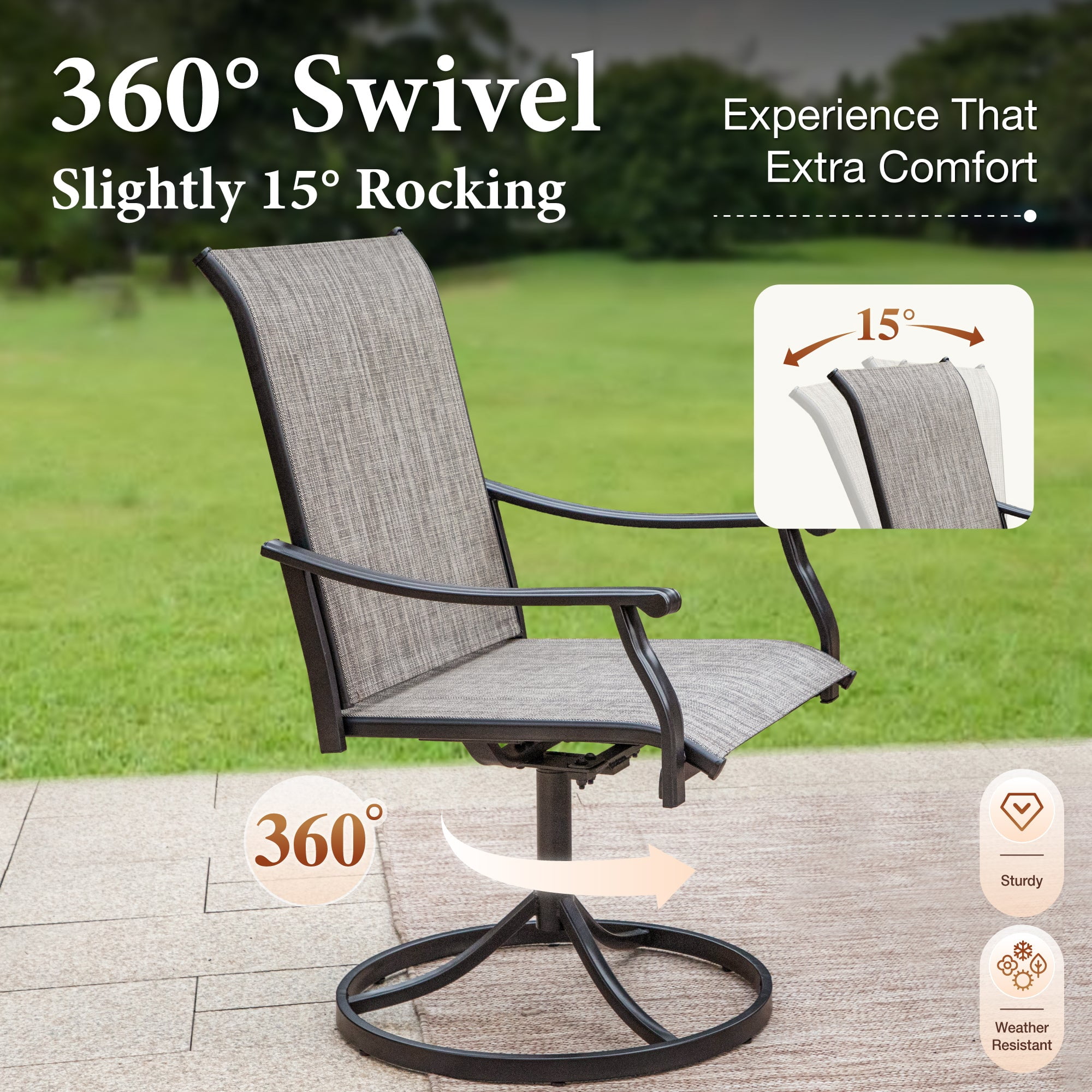 SUMMIT LIVING 7-Piece Outdoor Patio Textilene Dining Set with 2 Swivel Chairs, 4 Fixed Chairs & 60" Rectangle Steel Table with Umbrella Hole for 6 Person, Black & Grayish-brown