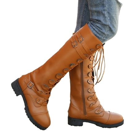 

Boots for Women Knee High Boots Vintage Round Toe Wide Calf Boots Lace Up Shoes Winter Fall Boots for Women 2022 Cowgirl Booties