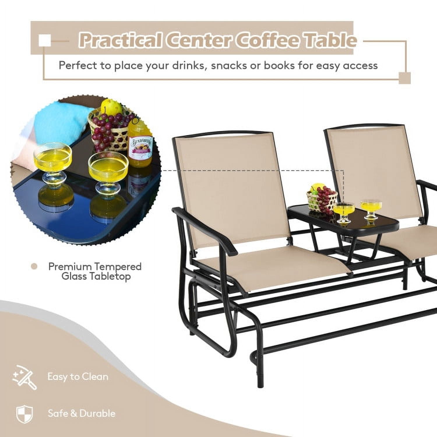 Aimee Lii Outdoor Patio Furniture Set, 2-Person Double Rocking Loveseat with Mesh Fabric and Center Tempered Glass Table, Light Brown