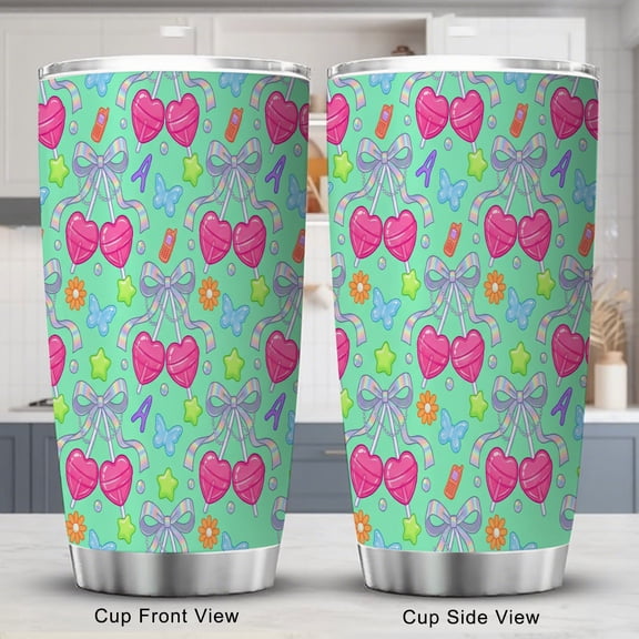 Bow Tumbler 20oz with Lid Pink Cherry Coquette Bowknot Cherries Travel Coffee Cup for Women Friend Holiday Birthday