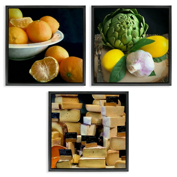Stupell Industries Vegetables & Cheeses Still Lifes Food & Beverage Painting Black Floater Framed Canvas Art Print Wall Art, 18 x 18, Set of 3