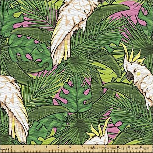 Parrots Fabric By The Yard, Yellow Crested Cockatoo Bird With Tropical