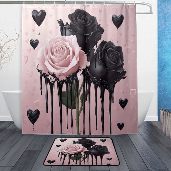 TTYFWHD 60" x 72" Shower Curtain and Bath Mat Set Dark Romance Roses Pattern Waterproof Bathroom Curtain with 12 Hooks, Bathroom Decor Set