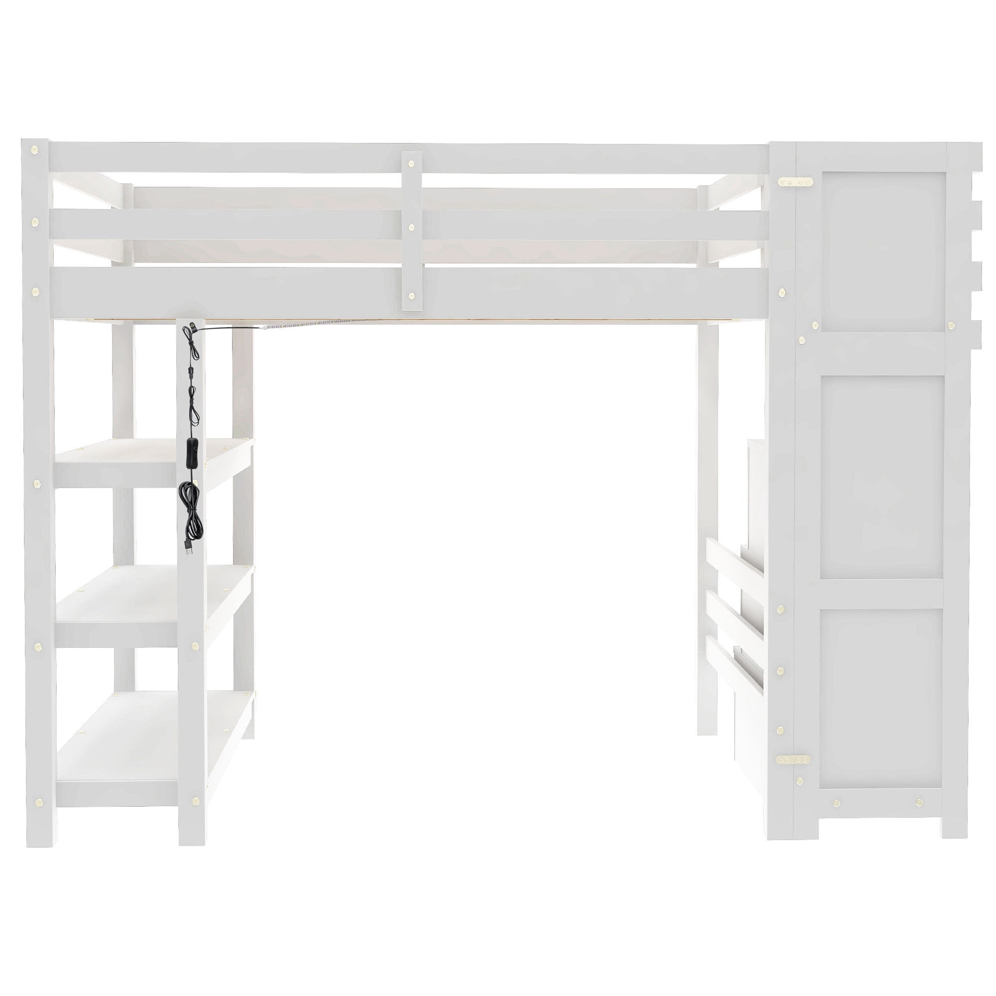 Euroco Wood Full Size Loft Bed with Storage Staircase and Shelves, LED Light and Wardrobe for Kids, White