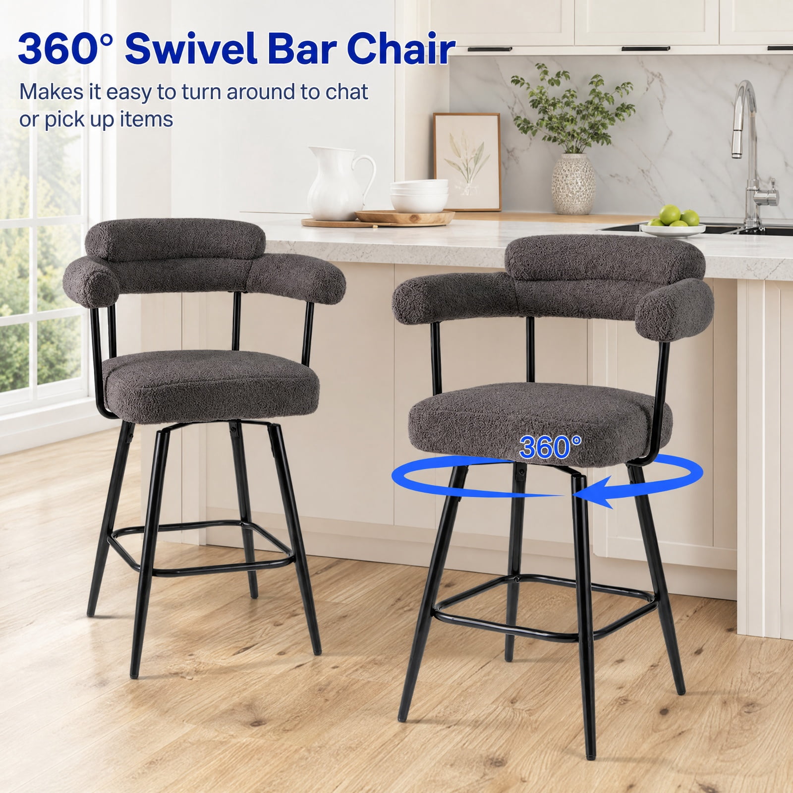 Furnibear Swivel Bar Stool Set of 2 Counter Height Chairs with Curved Back and Arms for Kitchen Island Counter Bar Pub Dining Home, Grey