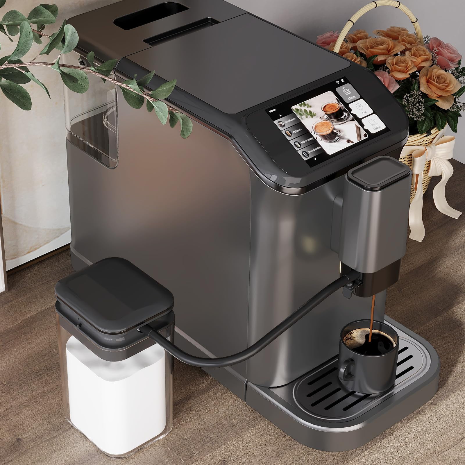 Soonbuy Espresso Machine with Built-in Grinder, 20Bar Pressure & Automatic Milk Frother, One-Touch Operation for Lattes and Cappuccinos, Compact Design for Home or Office Use