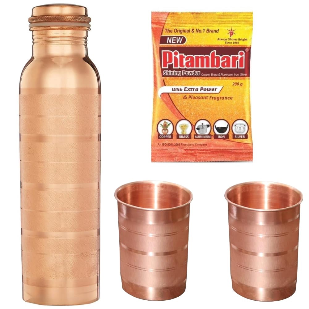 Copper Water Bottle 1 litre, with 2 copper glass Plain, Copper bottle 1 litre | Office water Bottle copper | Yoga Bottle | Hiking | Treking Bottle | Travel Bottle (Lacer Design) 1 Pitambari Free.