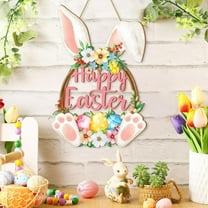 FYHALE Easter Bunny Wooden Decoration Hanging Sign with Floral Design for Indoor Outdoor Use Pre Assembled Rope Wall Ornament for Easter Celebration
