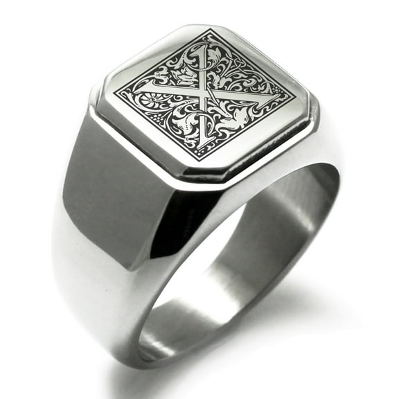 Stainless Steel Letter X Initial Floral Box Monogram Engraved Engraved Square Flat Top Biker Style Polished Signet Ring