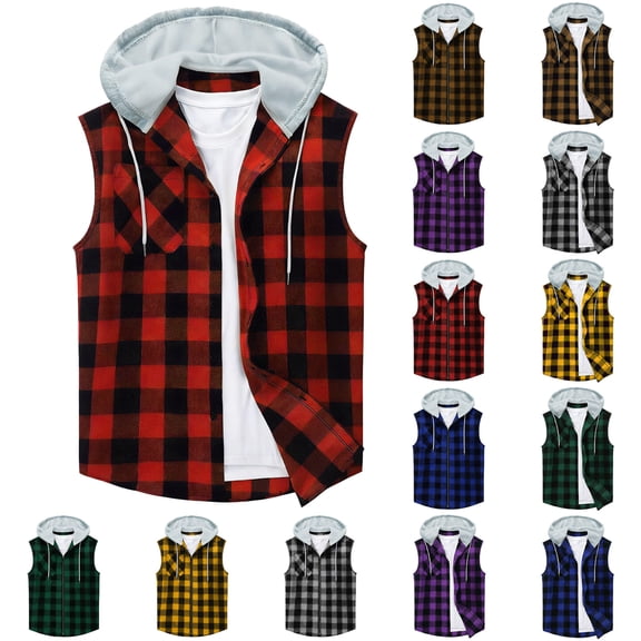 Purcolt Men's Plaid Hooded Tank Tops Lightweight Sleeveless Button Down Hoodie Shirts Athletic Casual Bodybuilding Workout Shirts for Gym