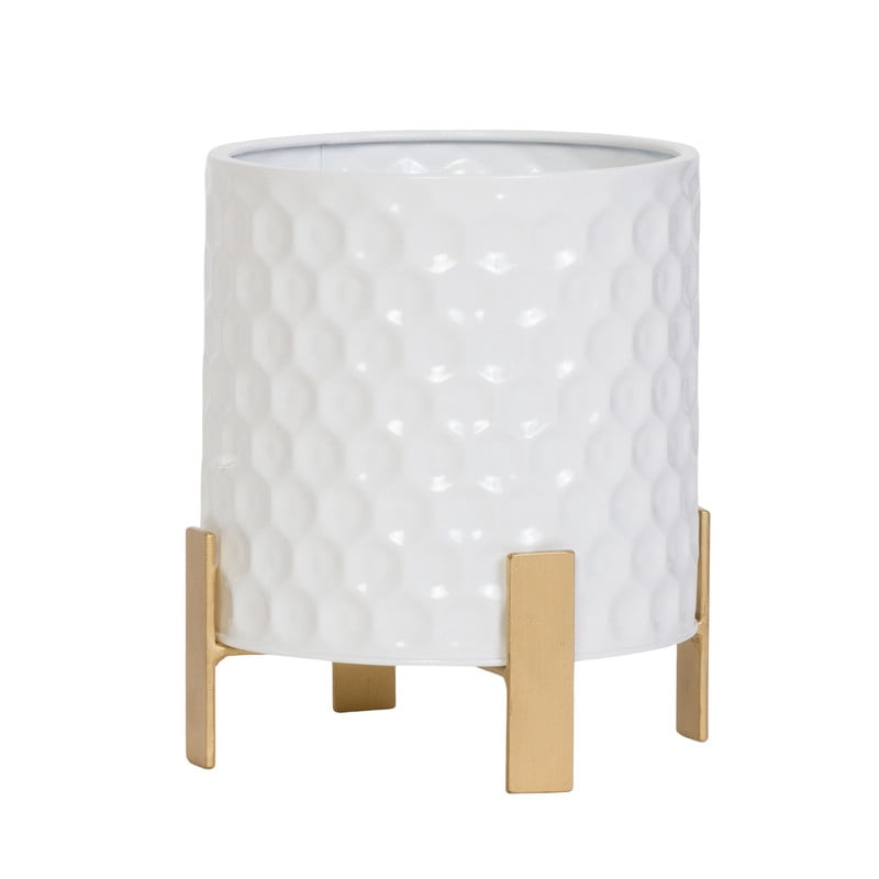 Honeycomb Metal Planter Pot With 4-Leg Gold Metal Base - White - 10"H x 9"W
