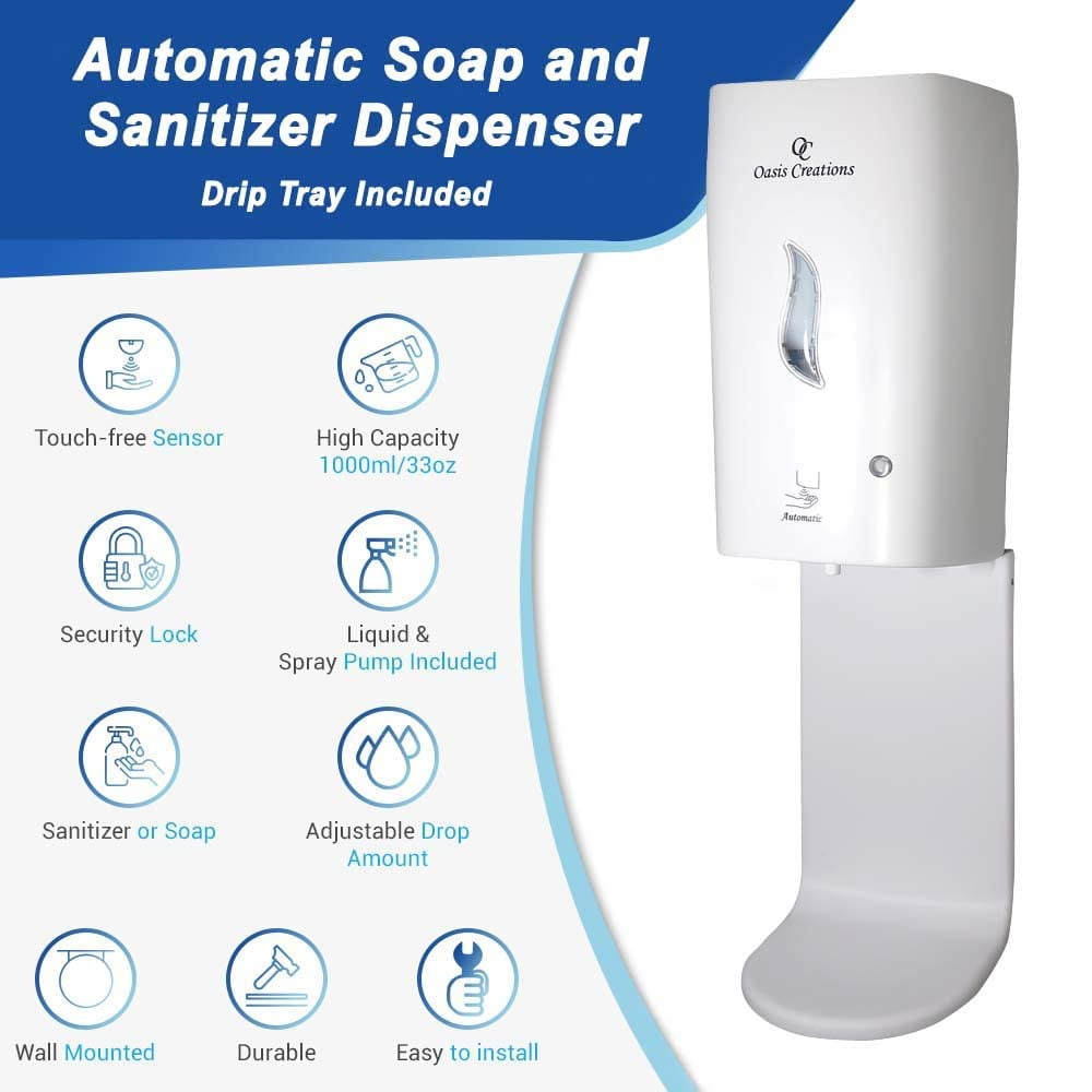 Auto Soap Dispenser with Drip Tray- White - Touch Free - Electronic - Automatic Sensor Soap Dispenser – Liquid or Spray - Wall Mount - Commercial or Residential - 1000 mL/33 oz