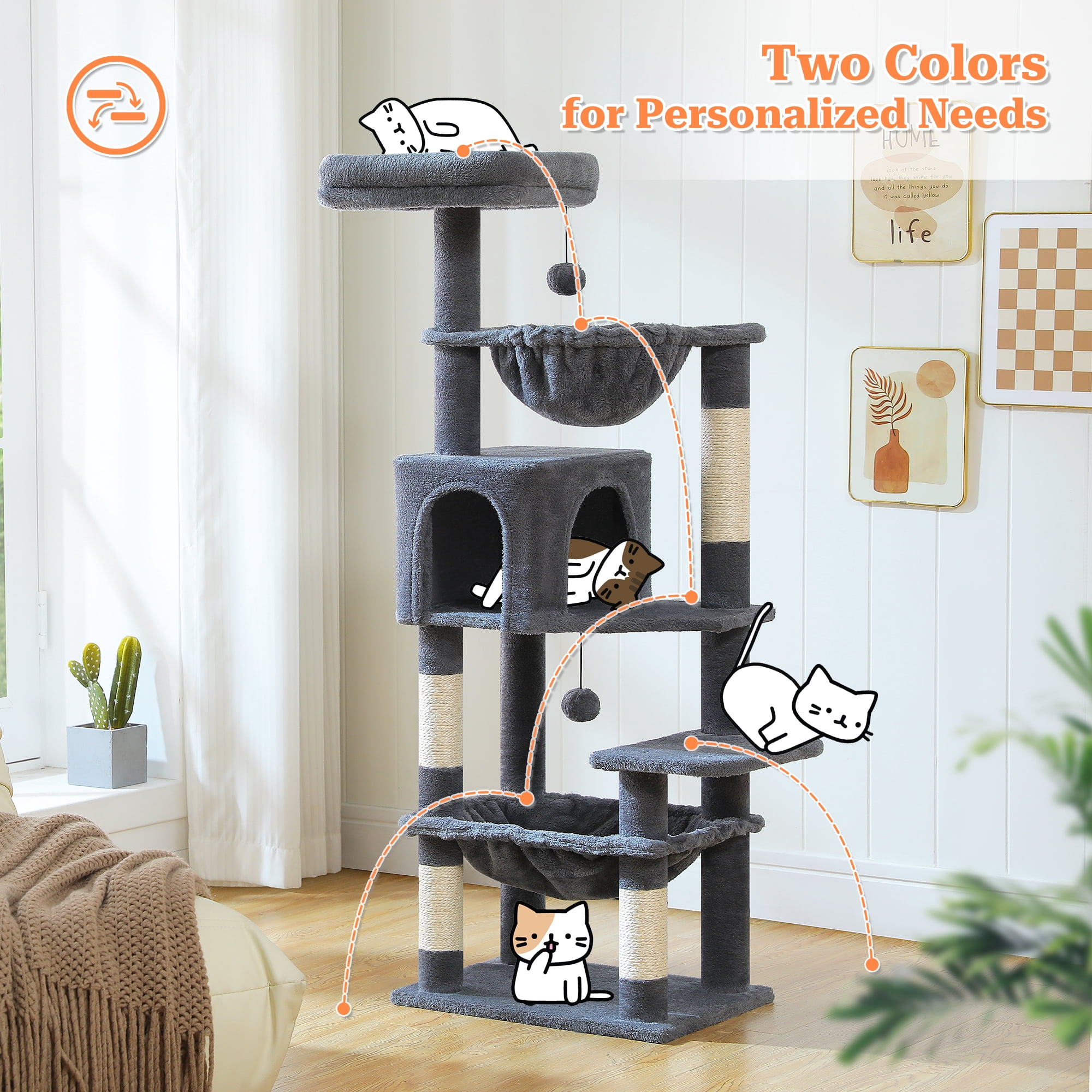 PAWZ Road 49" Large Cat Tree Multi-Level Scratcher with Two Hammocks&Condo for Indoor Cats Dark Gray