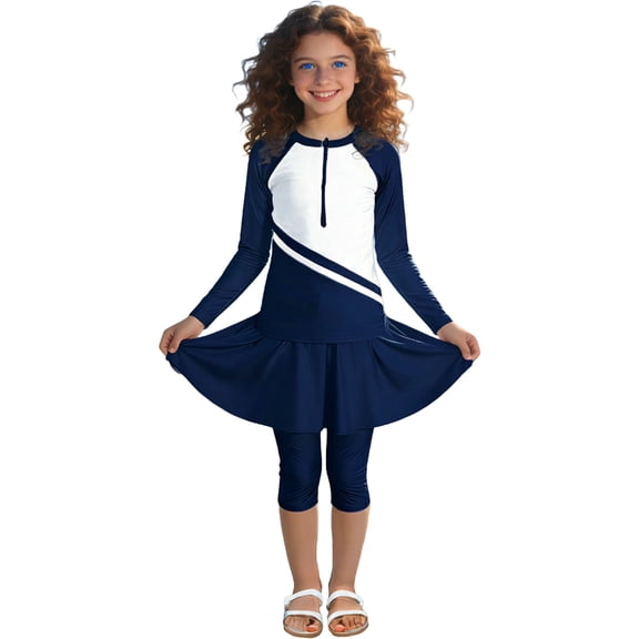 Girls Modest Swimsuit Full Coverage Swimwear Burkini Swimming Tops Capri Skirt Pants Rash Guard Set 3 Piece
