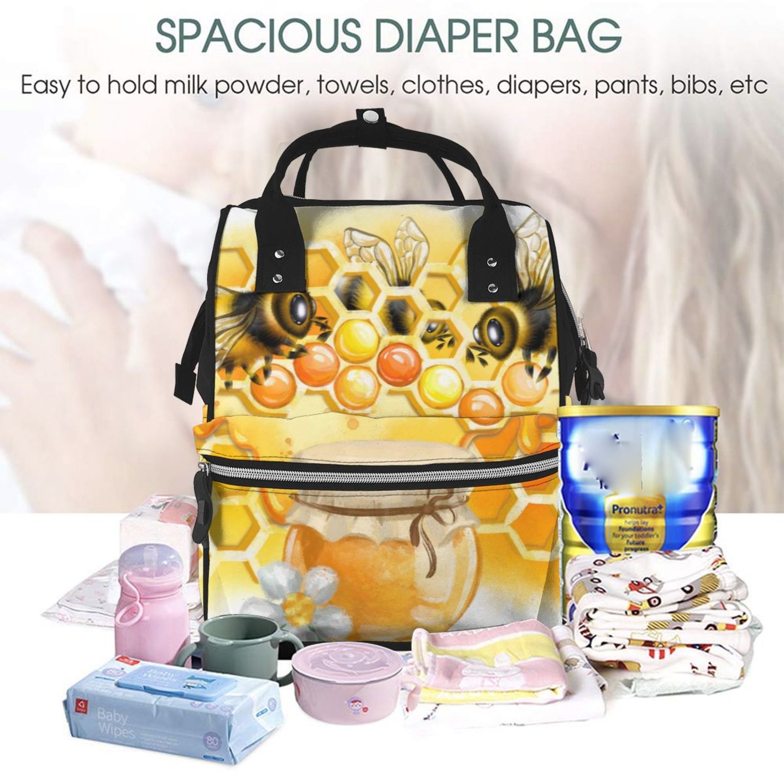Ratiio Honey Bee Mummy Backpack - Waterproof Twill Canvas, Large Capacity Diaper Bag with Multiple Pockets and Adjustable Straps