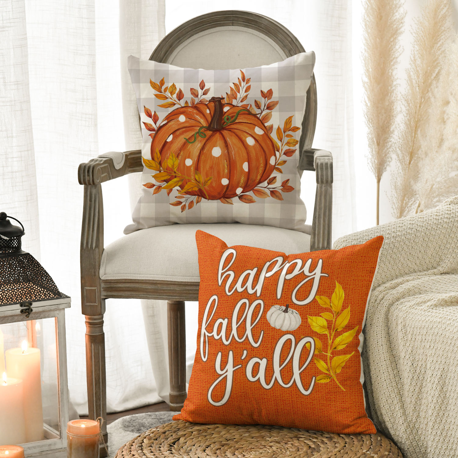 Sm:)e Pumpkin Leaves Fall Throw Pillow Covers, 18x18 Inch, Set of 4 photo 6