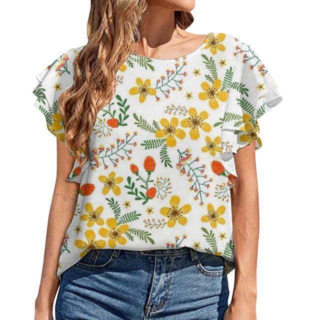 Blouse d'Été Grande Taille à Manches Courtes pour Femmes Mode Décontractée Col Rond à Volants Manches Courtes Imprimée Pull Col en V T-Shirt Femmes en Solde