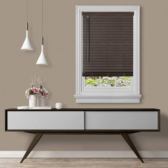 HomeStock Modern Motifs 2" Faux Wood Plantation Cordless Blind 33" x 64" - Mahogany Room Darkening with Valance, Stylish and Practical Window Covering