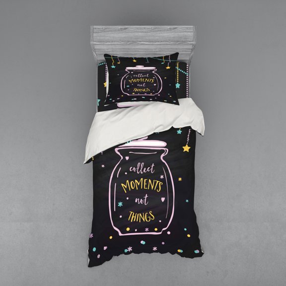 Saying Duvet Cover Set, Cursive Wording in a Glass Jar Stars and Polka Dots, Bedding Set with Shams and Fitted Sheet, 3 Sizes, by Ambesonne