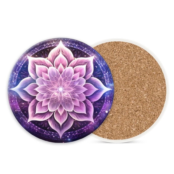 Ceramic Stone Coasters for Drinks Set of 1, Beautiful Pastel Purple Lotus Mandala with Light Round Absorbent Cup Coasters Protection for Coffee Table Kitchen Counter Decor (4*4 Inch)