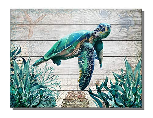 Beach Coastal Bathroom Wall Art Decor Canvas Print Sea Turtle Picture Framed Artwork Ready to Hang for Home Bedroom Living Room Wall Decoration 12x12