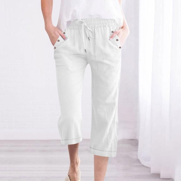 Womens Linen Pants Plus Size, Solid Color Drawstring Capris Linen Pants Casual Loose Button Decoration Pocket Trousers