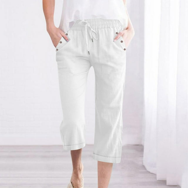 Loose Wide Leg Linen Trousers, Solid Color Cropped Hem, Drawstring Button Pocket, Casual Straight Roll-up Design, For Women, Everyday Wear, Summer Fashion, Breathable Fabric, Street Style, Travel