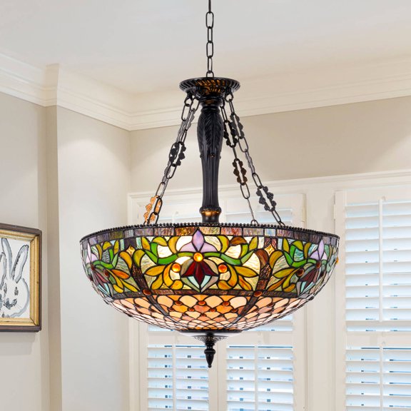 More Change Rustic Stained Glass Pendant Lamp Chandelier 5-Light Ceiling Ligthing Fixtures,E26 Base,Bulb is not included