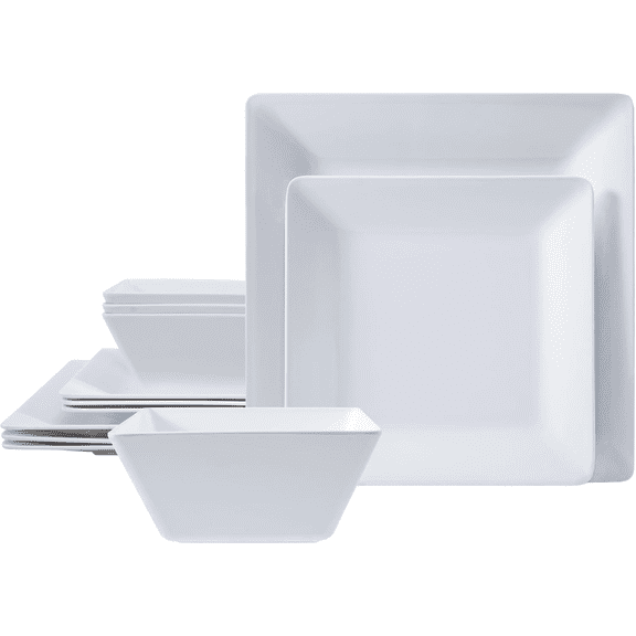 TP 12-Piece Classic Square Melamine Dinnerware Set, Plates and Bowls Set, Service for 4, White
