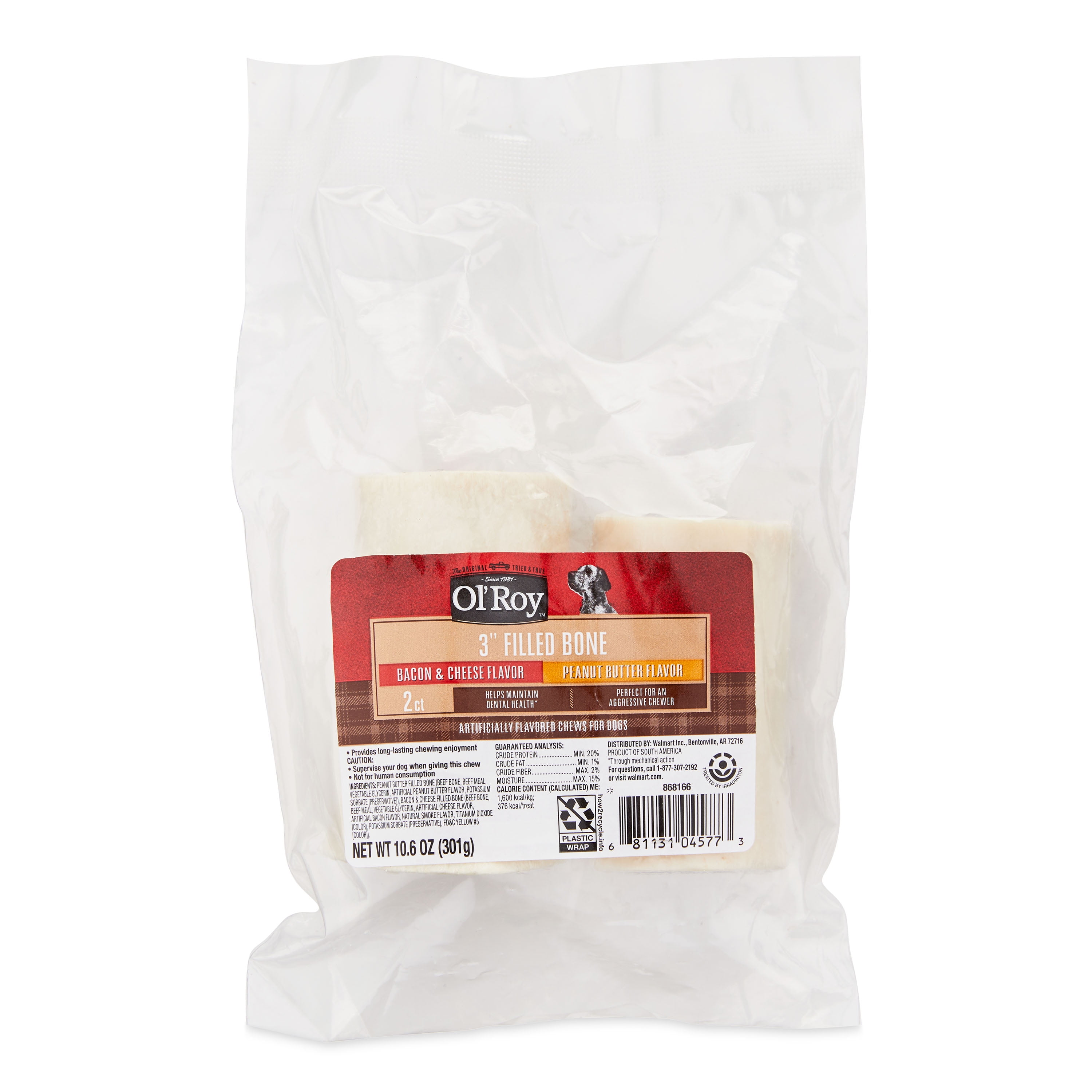 (3 pack) Ol' Roy 3-inch Stuffed Shin Bone Dog Chew Treats, 1 Peanut Butter and 1 Bacon and Cheese, 2 Count