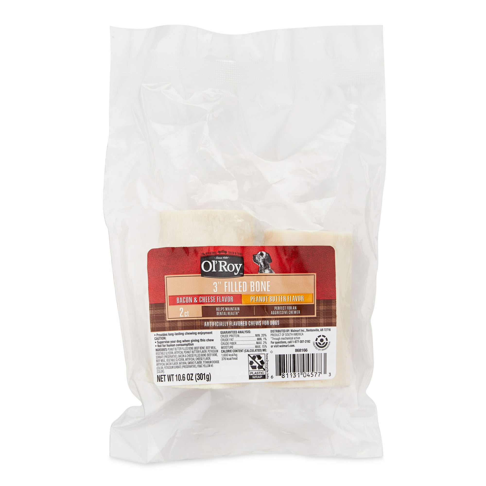 Ol' Roy 3-inch Stuffed Shin Bone Dog Chew Treats, 1 Peanut Butter and 1 Bacon and Cheese, 2 Count