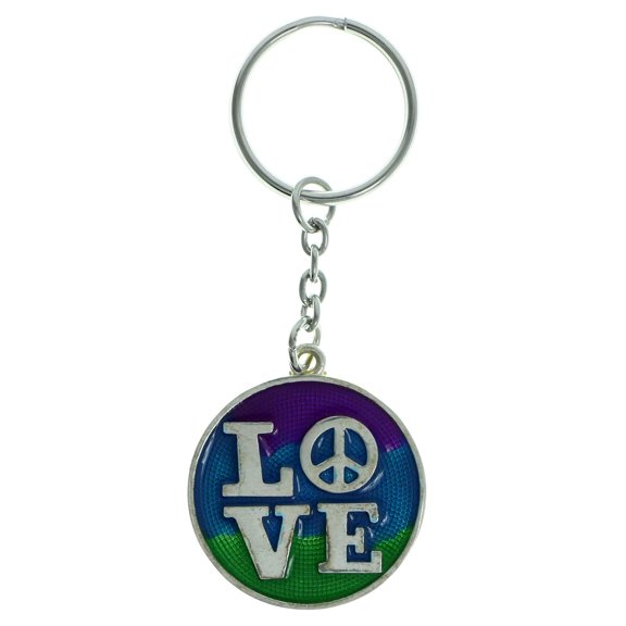 Silver-Tone Circle LOVE and Peace Sign Rainbow Keychain