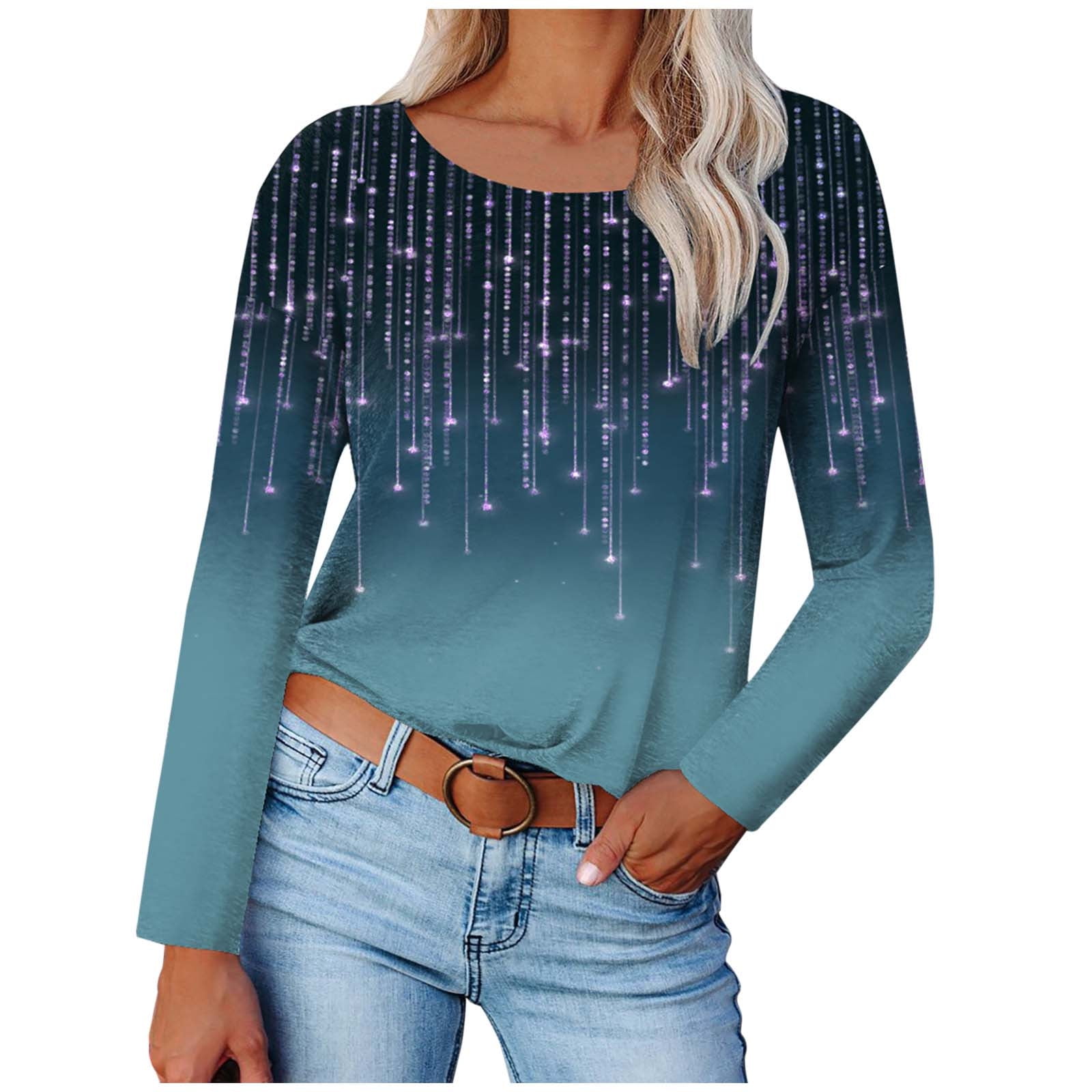 LWZWM Womens Work Tops and Blouses Round Neck Long Sleeve Print TShirt