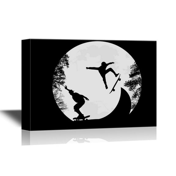 wall26 Skateboard Canvas Wall Art - Boys with Skateboard with Full Moon in the Background - Gallery Wrap Modern Home Decor | Ready to Hang - 16x24 inches