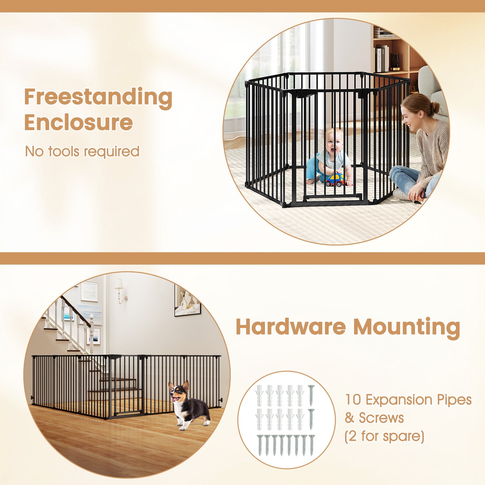 Gymax 6-Panel Adjustable Pet Safety Fence w/Auto-close Door & Double Locking System Black