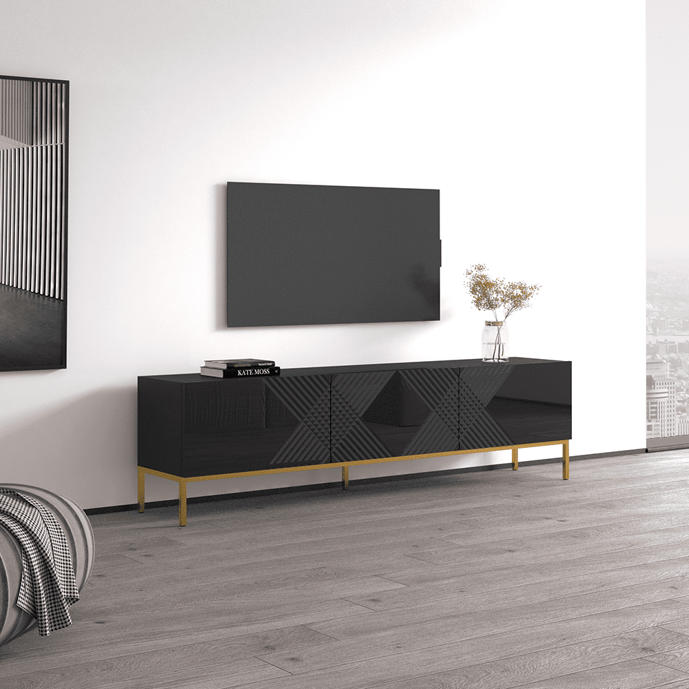 Exito 01 TV Stand for TVs up to 85", Mid-Century Modern High Gloss 75" Entertainment Center, TV Media Console with Storage Cabinets