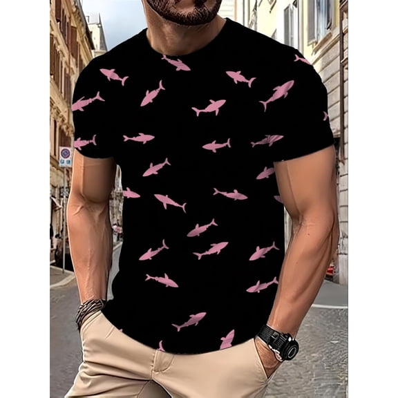 Men's T-shirt with pink shark design printed on a black background with a 3D full-body print, perfect for everyday wear and outdoor activities