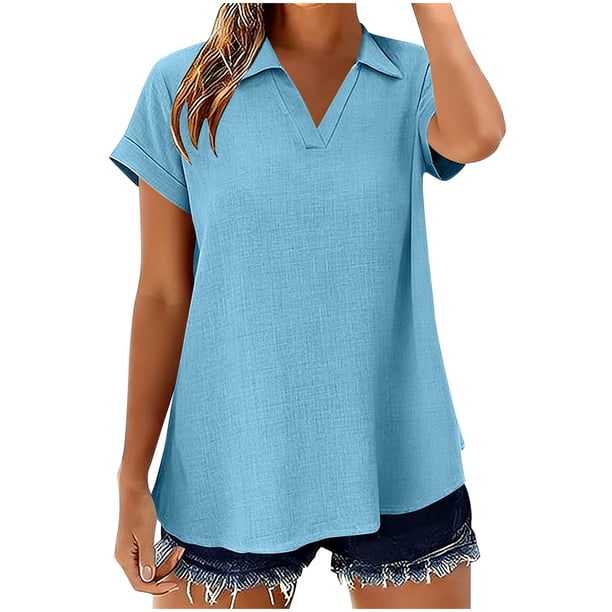 Camisetas de Manga Corta Extra Larga para las Mujeres Blusa con Cuello en V Azul Claro