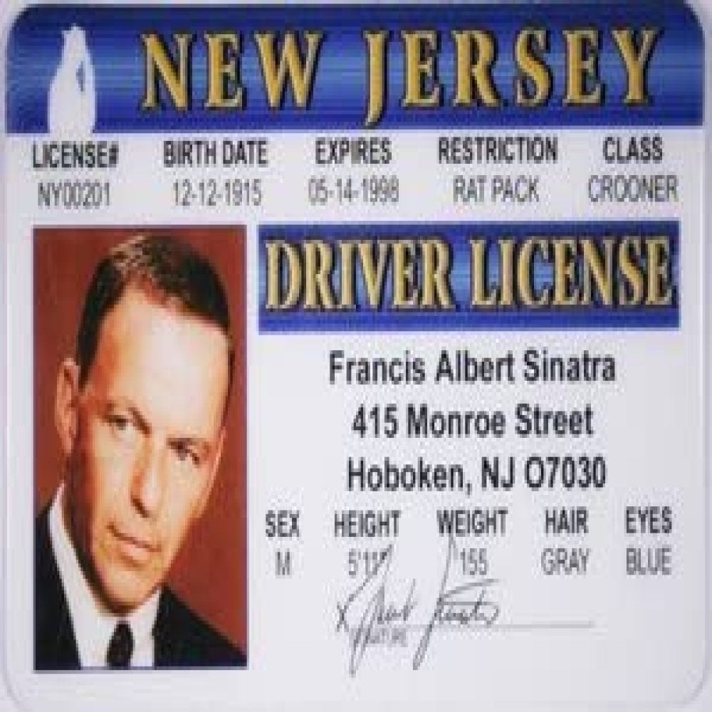New Jersey Rat Pack Novelty Frank Sinatra Drivers License 