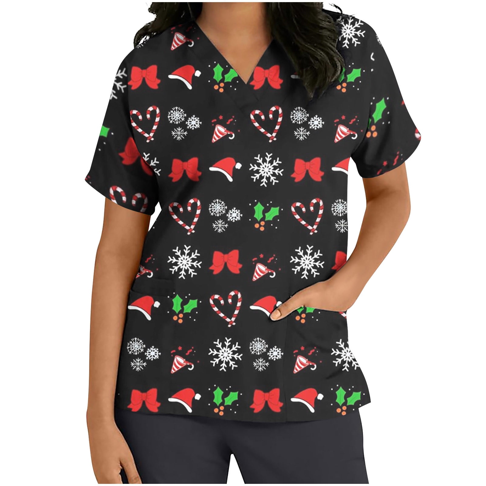 XFLWAM Christmas Scrubs Tops for Women Plus Size Short Sleeve V Neck