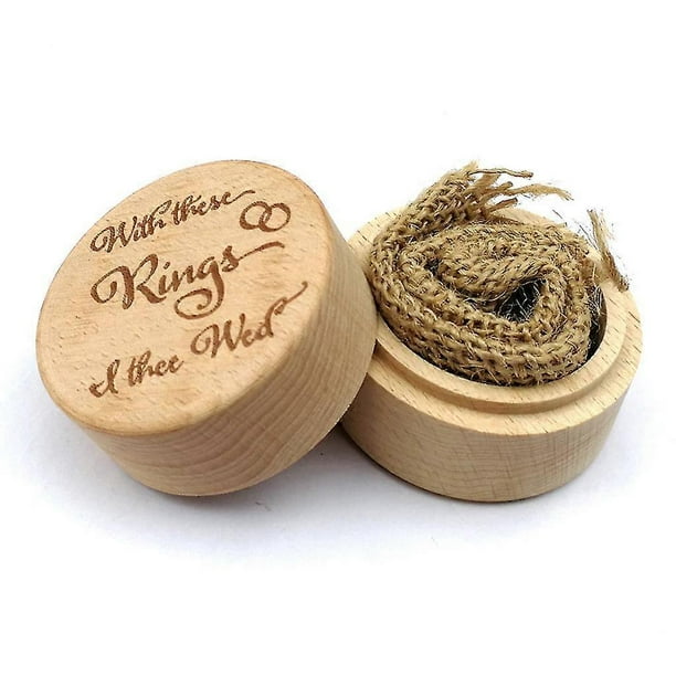 Caja de madera rústica para anillos de boda, grabada, redonda, para guardar anillos de compromiso y exhibir en ceremonias de propuesta.