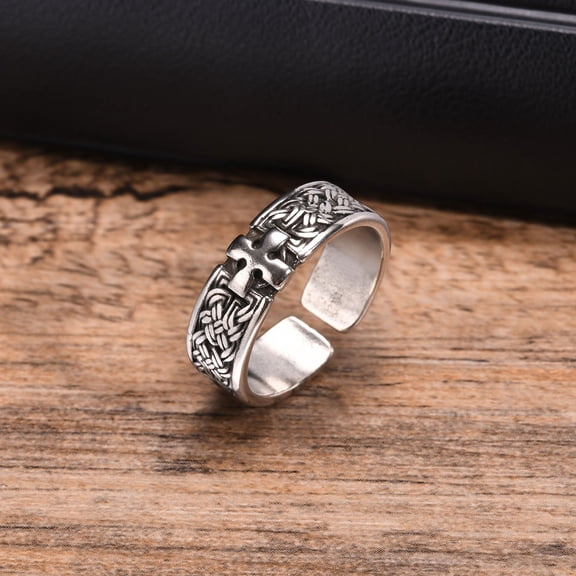 Punk Cross 14K White Gold Ring for Men Boys, 6.8mm Width European and American Style Opening Ring,Anniversary Engagement Jewelry Gift